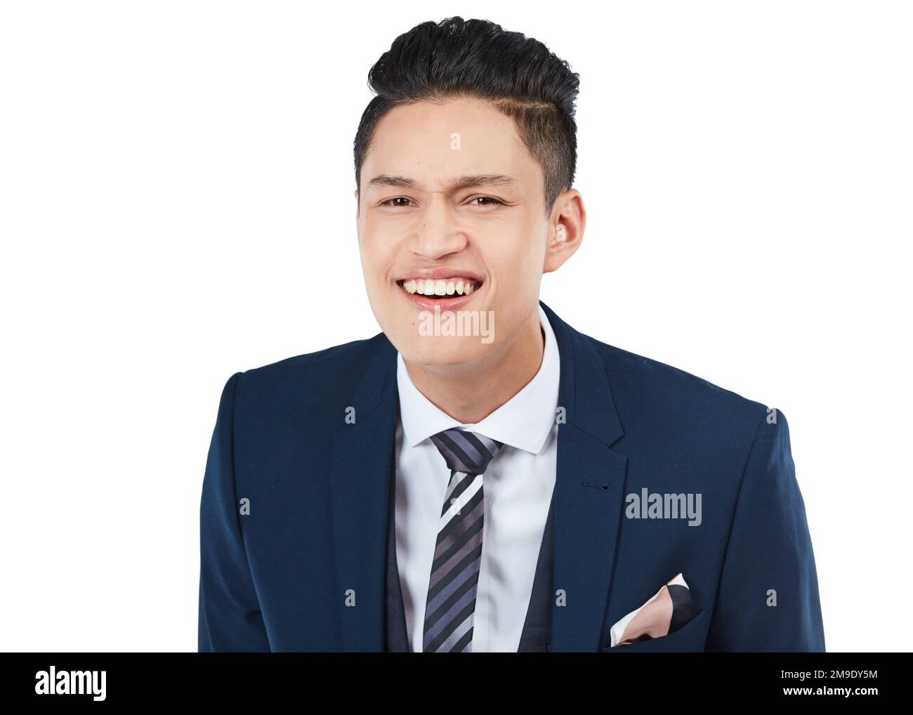 Portrait, businessman or curious facial expression on isolated white background in huh, what or question emoji. Smile, happy or confused corporate Stock Photo