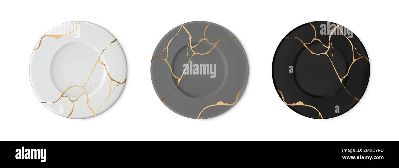 Set of plates with gold kintsugi. Crack and broken effects. Restoration