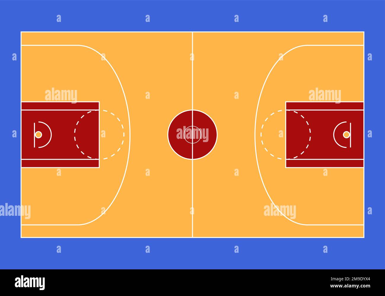 An illustration of an aerial view of a basketball court in orange and