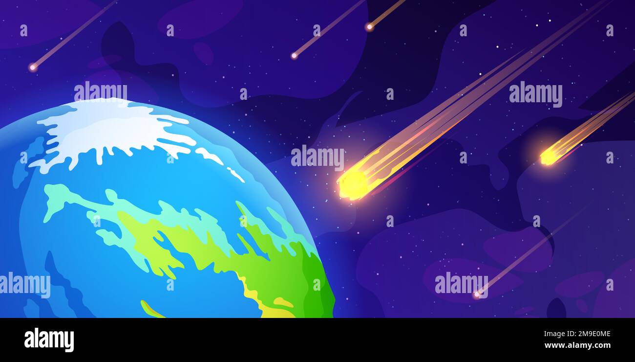 Many asteroids flying towards Earth in outer space. Vector cartoon