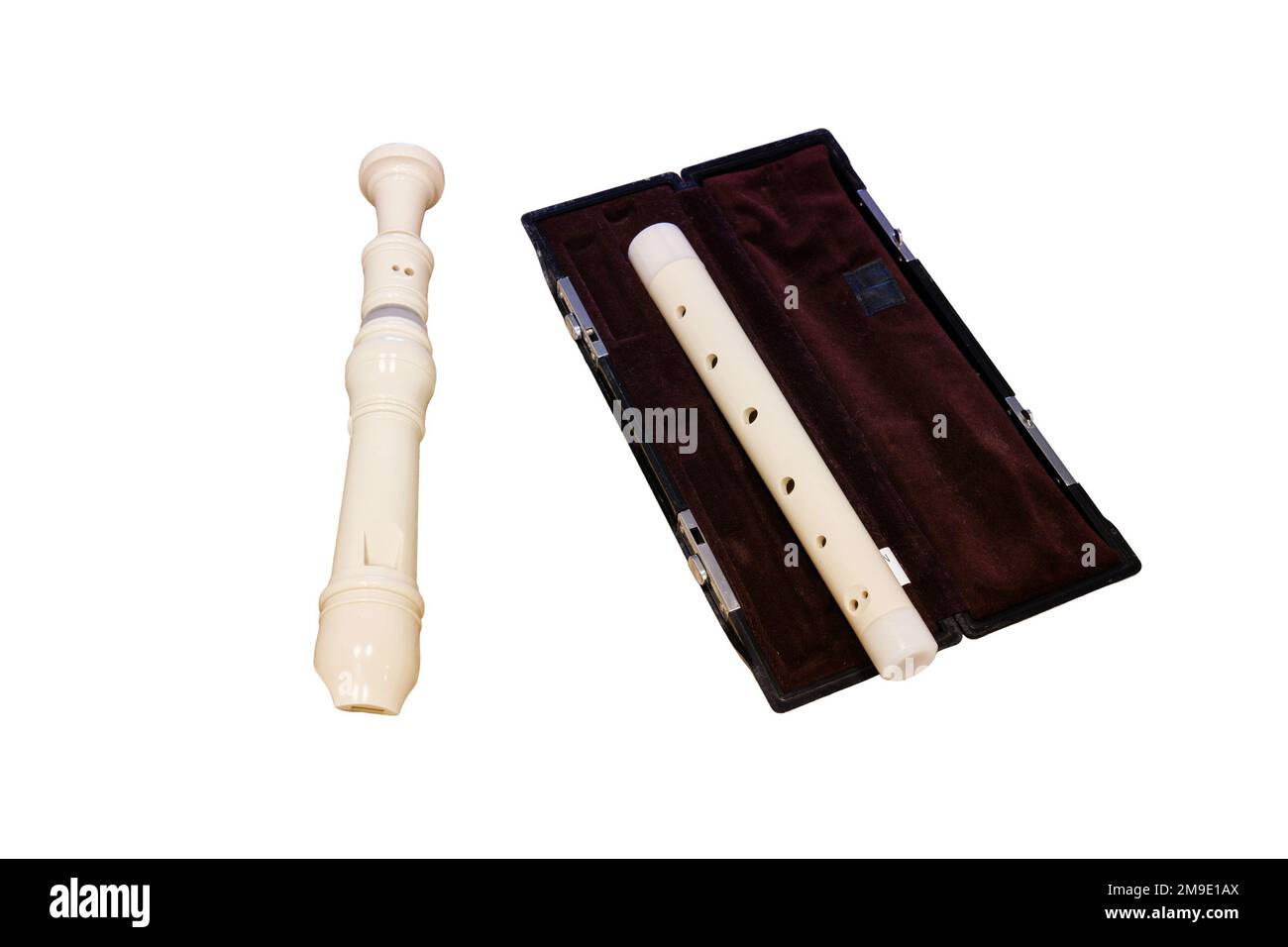 Alto recorder flute with a red case, closeup, isolated on a white