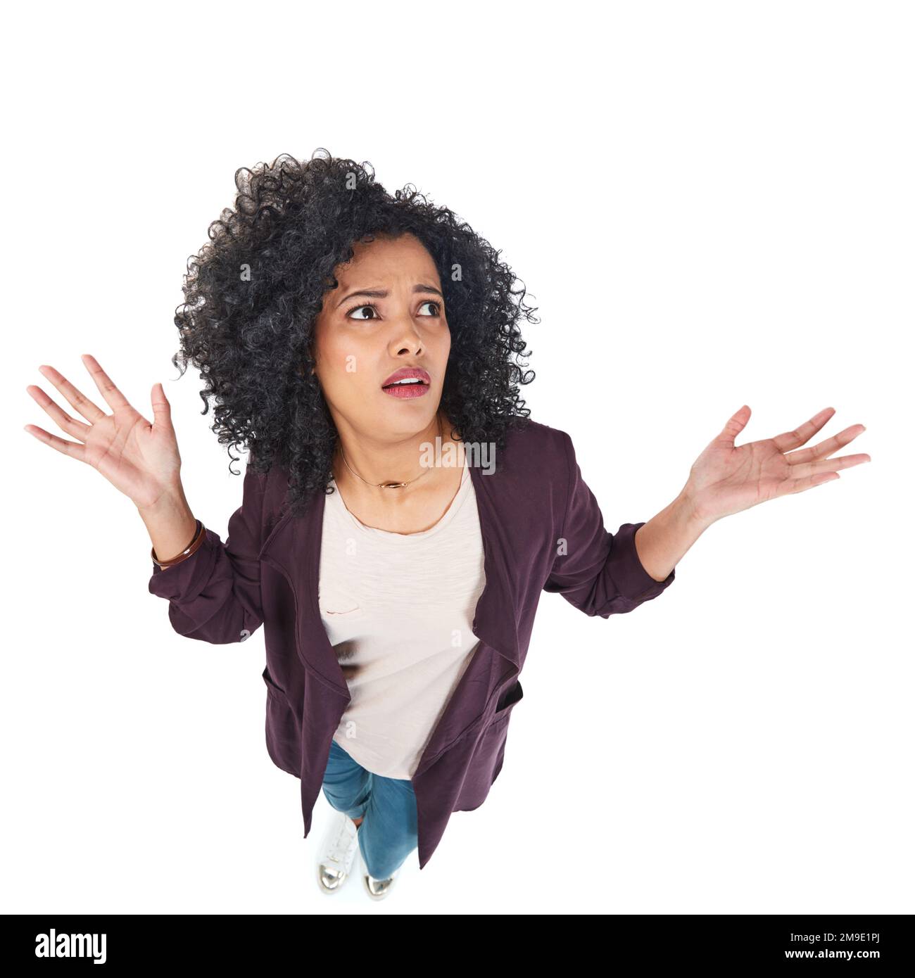 Doubt, confused and black woman with shrug thinking of problem, dilemma or risk of decision. Anxiety, stress and puzzled model unsure of choice Stock Photo