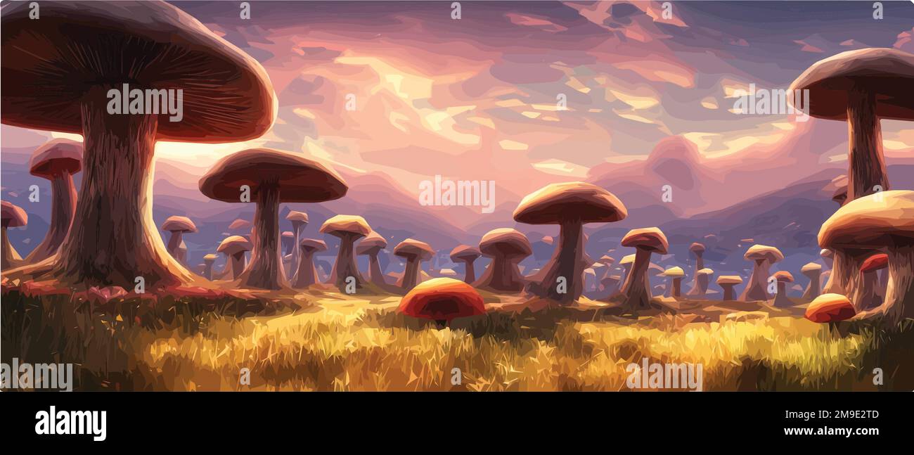 Surreal mushroom landscapes, fantasy wonderland landscape with moon ...