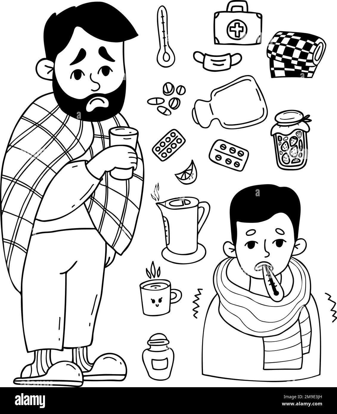 Collection doodles disease and treatment. Sick sad bearded man wrapped in a blanket and guy with thermometer. Pills, scarf, jam, kettle, heating pad a Stock Vector