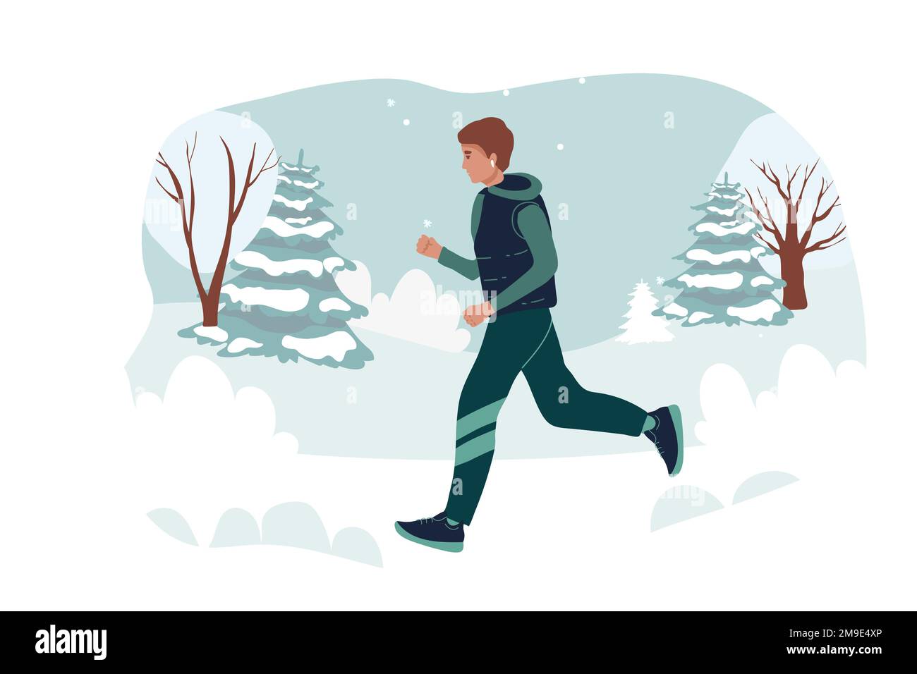 Running sporty woman, man in a jacket, warm clothes runs against background of winter landscape. young girl goes in for sports. Hand drawn style vecto Stock Vector