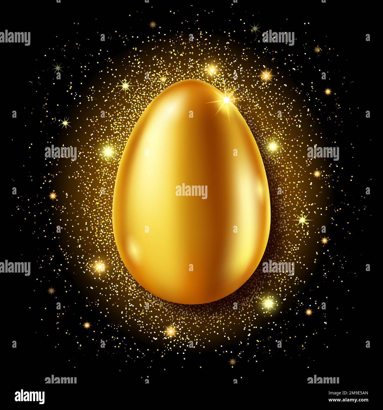 Golden egg realistic vector illustration. Shining Easter egg from gold metal and sparkling tinsel or confetti on black background. Easter greeting card or party invitation Stock Vector