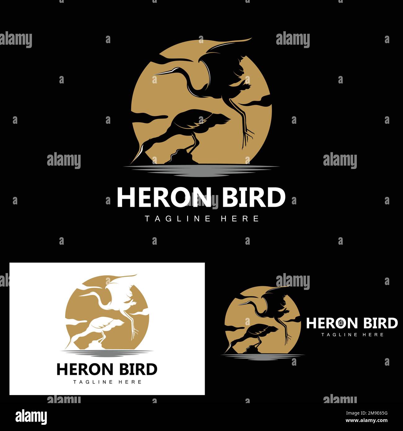 Bird Heron Stork Logo Design, Birds Heron Flying On The River Vector