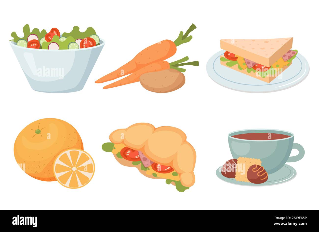 set of products sandwich croissant with ham cheese and tomatoes a cup of coffee with sweets orange vegetables and a bowl of salad Stock Vector