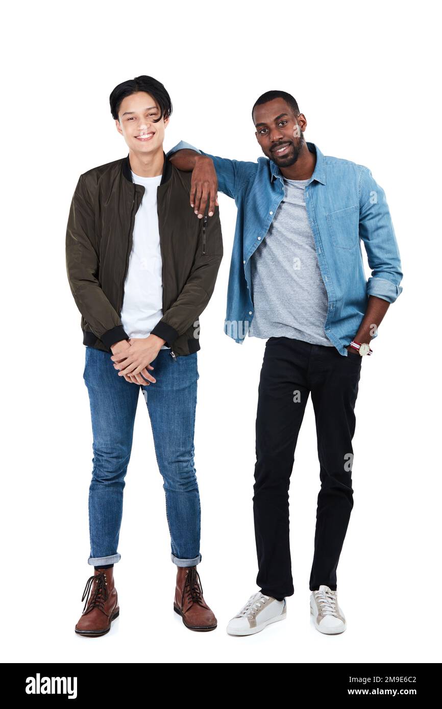 Happy, friends and men fashion portrait of full body in trendy, cool and  casual person style. Happiness in interracial friendship of young people  Stock Photo - Alamy