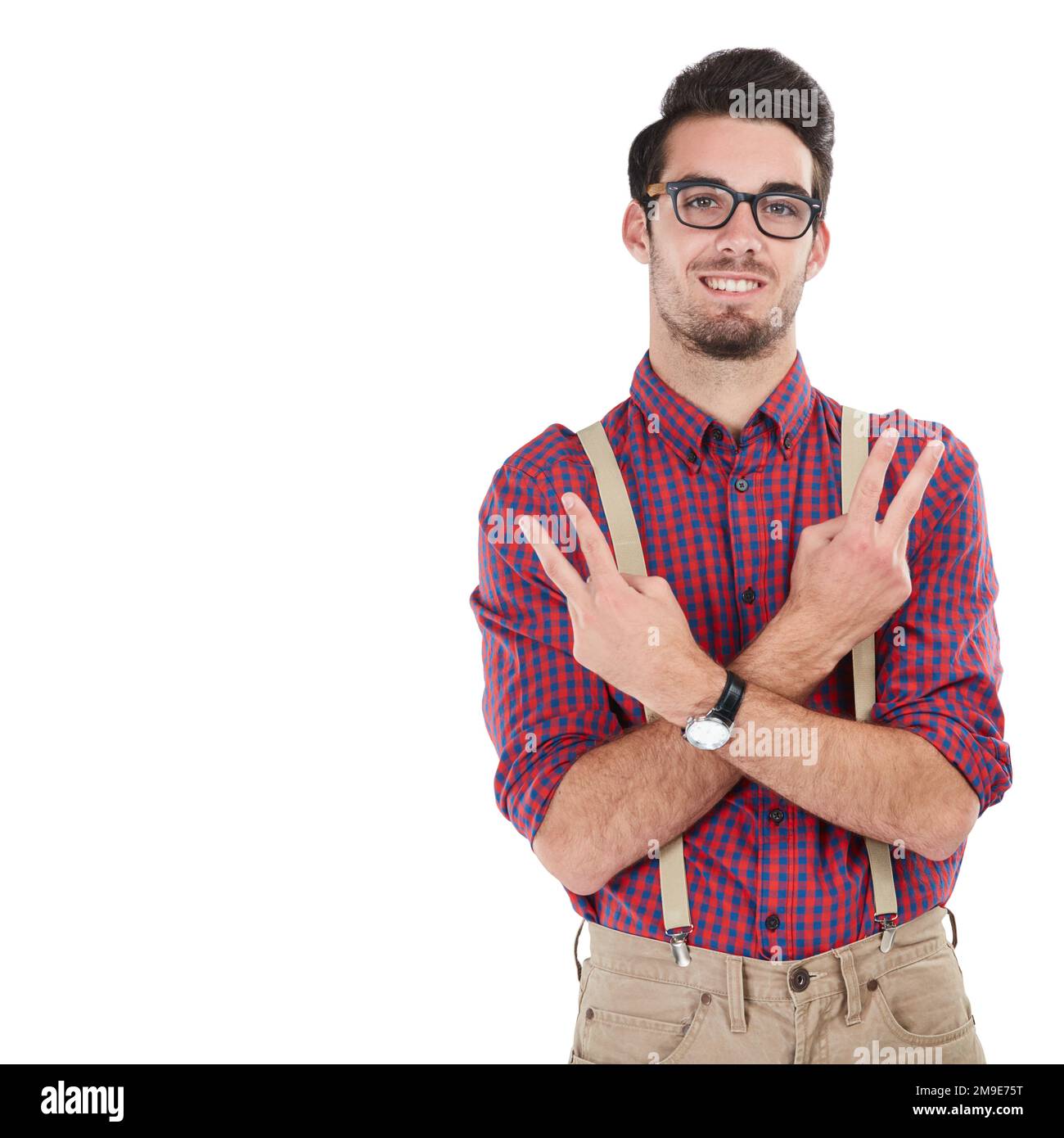 Peace, confident and portrait of a man with a hand sign isolated on a white background. Geek, cool and smiling nerd with a hand gesture for greeting Stock Photo