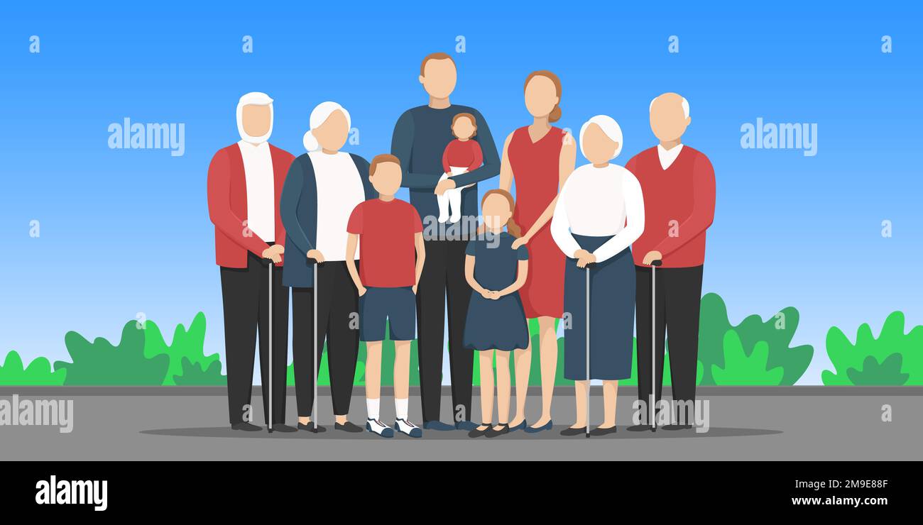 Large family. Grandparents, parents and children together. Vector illustration. Stock Vector