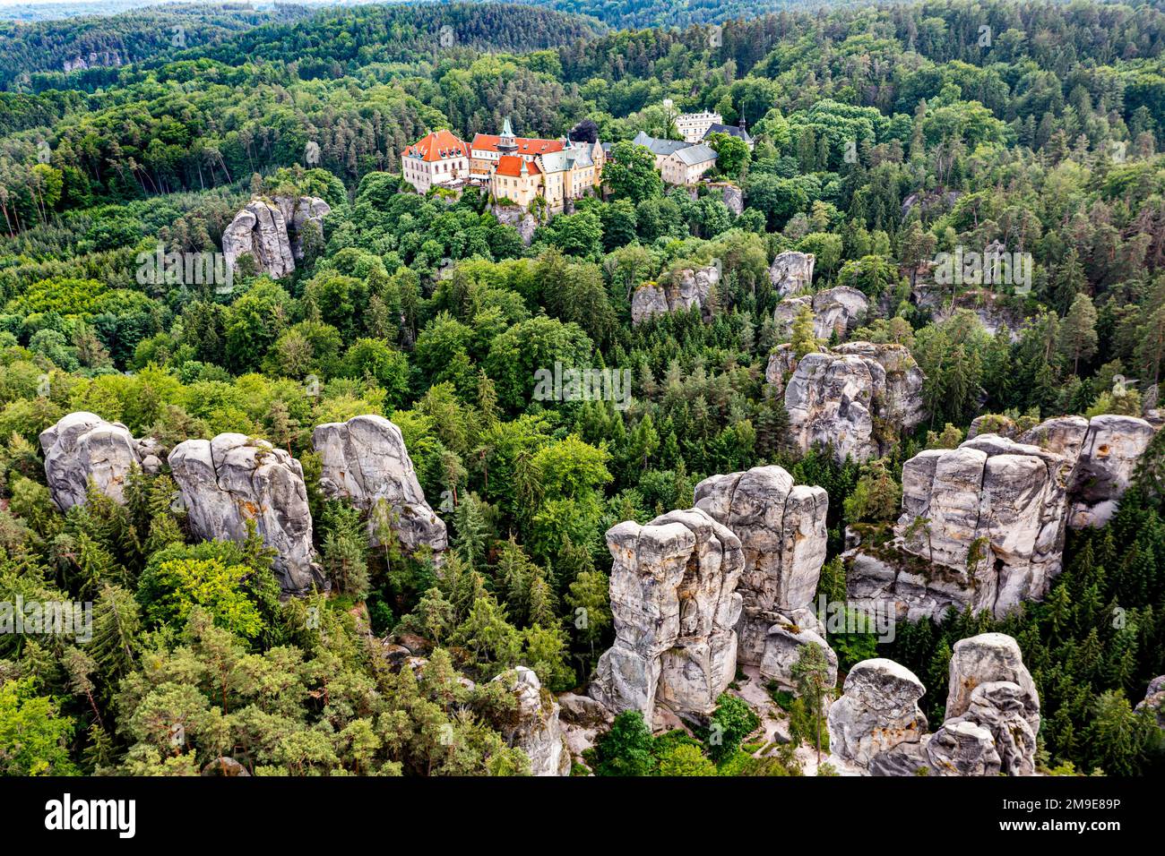 Aerial of Rock town Hruba Skala with the castle in the background, Bohemian paradise, Czech Republic Stock Photo
