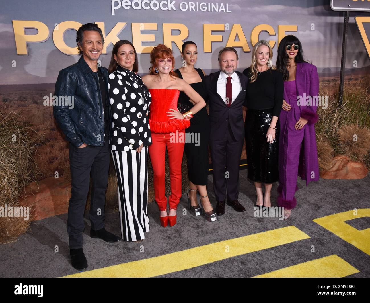 17 January 2023 - Hollywood, California - (L-R) Benjamin Bratt, Maya Rudolph, Natasha Lyonne, Dascha Polanco, Rian Johnson, Kelly Campbell, President of Peacock and Jameela Jamil. Los Angeles Premiere For Peacock Original Series ''Poker Face'' at Hollywood Legion Theater. (Credit Image: © Billy Bennight/AdMedia via ZUMA Press Wire) EDITORIAL USAGE ONLY! Not for Commercial USAGE! Stock Photo