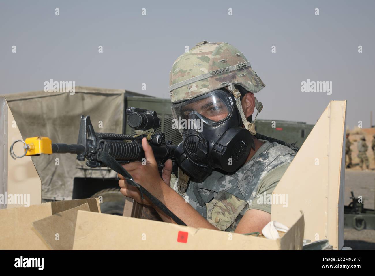 An 11th Air Defense Artillery Brigade Soldiers pulls guard after a chemical attack during Roving Sands 2022. Roving Sands is an exercise is an opportunity to influence the operational capability and training methods used by Air Defense Artillery Brigades to test their systems in large scale combat simulations. Stock Photo