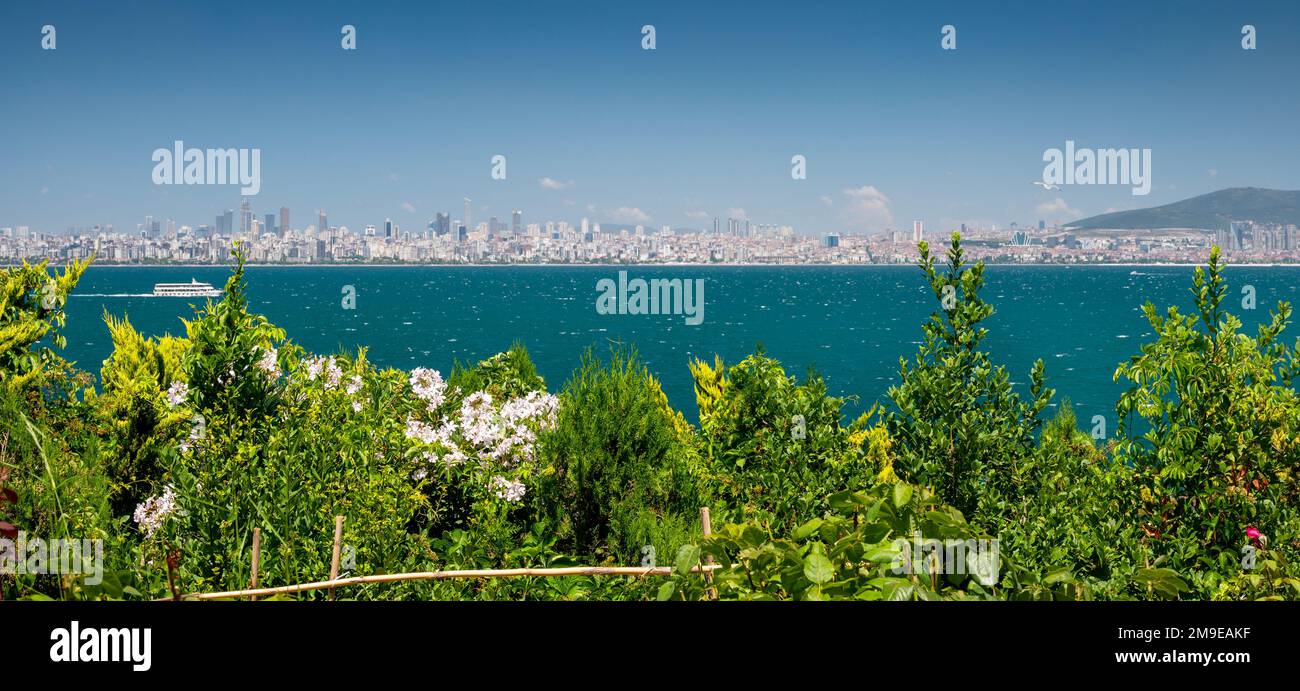 Panoramic view of the Marmara Sea from the motor ship and Istanbul from the beautiful green garden with the Adalar Islands on a sunny summer day. Turk Stock Photo