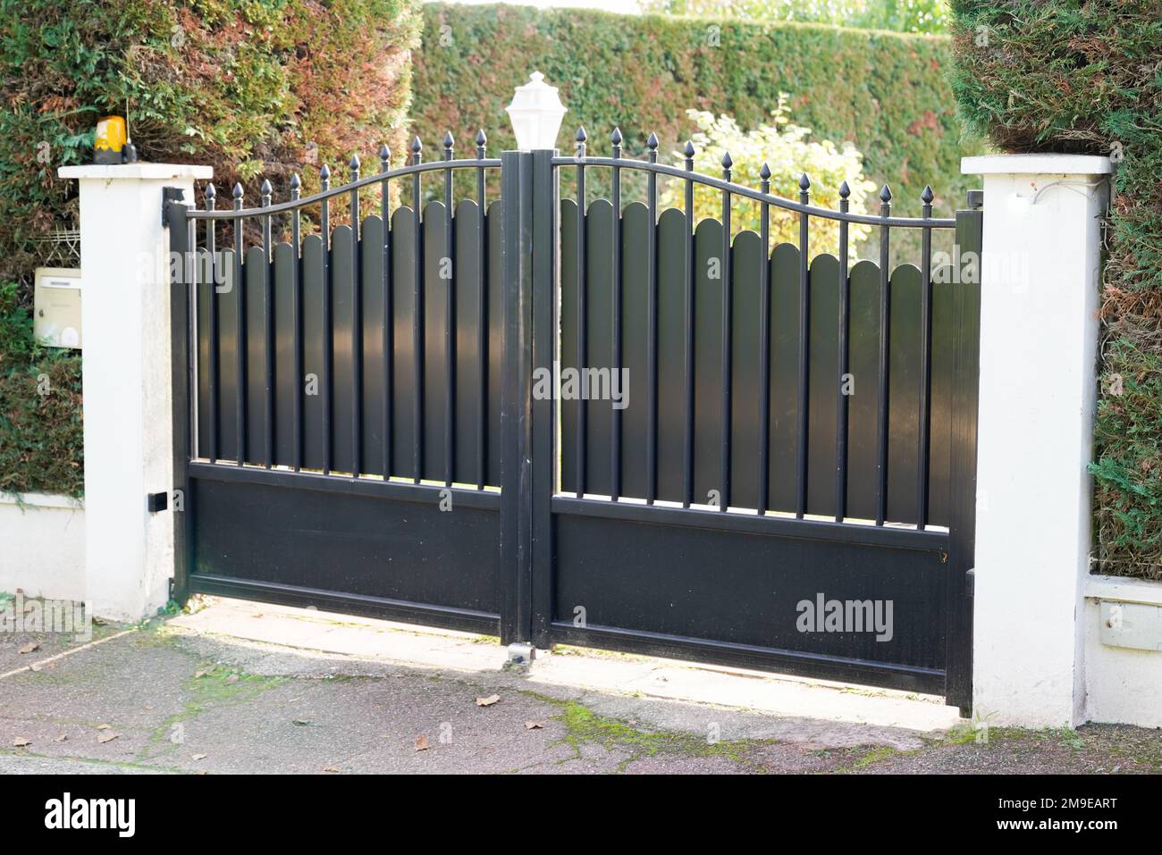 grey dark steel retro design metal aluminum gate of vintage style house Stock Photo