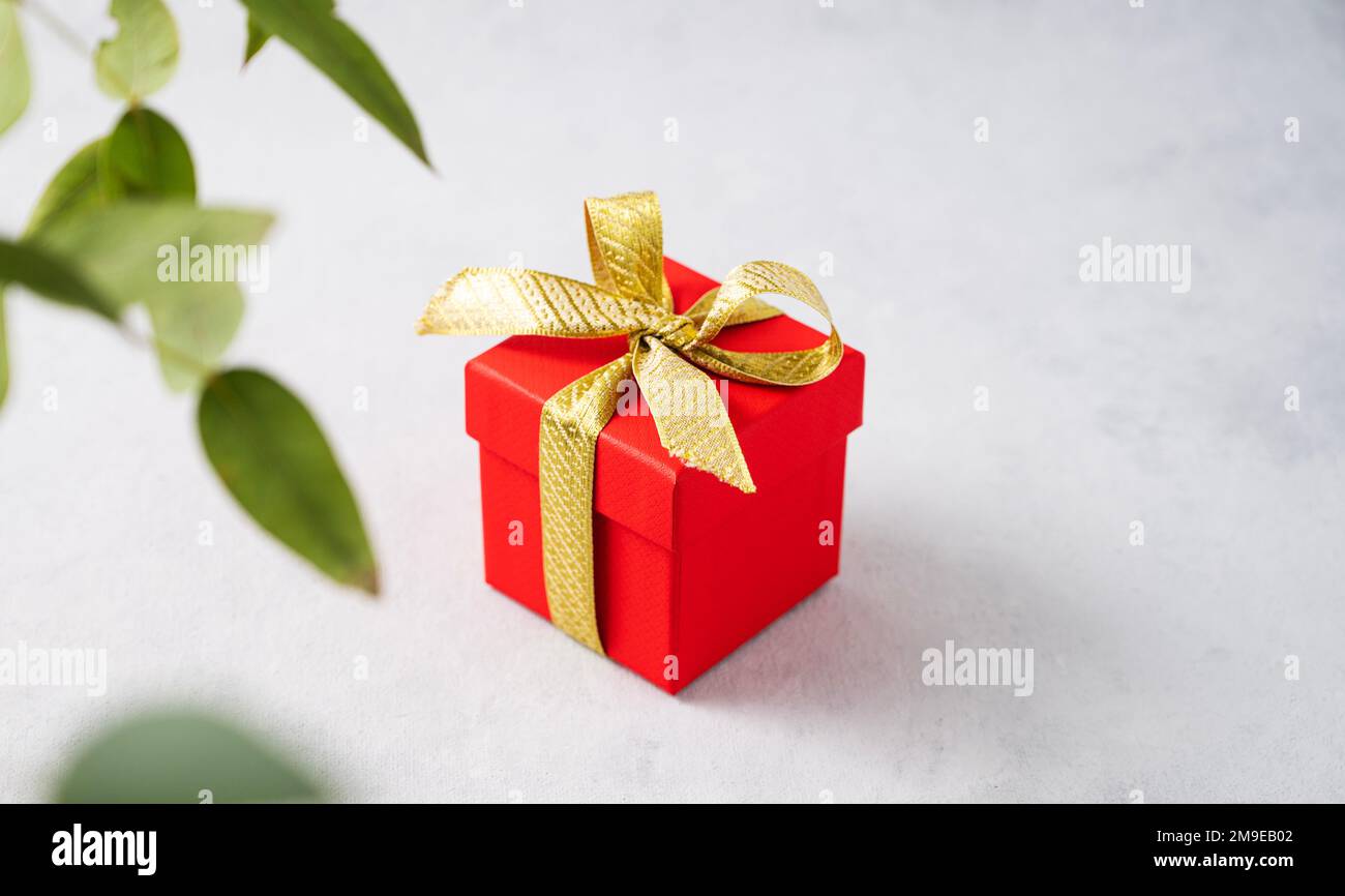 A red gift box with a gold ribbon on a gray background with branch flower. The concept of holiday photography. Surprise for Valentine's Day, birthday, Stock Photo