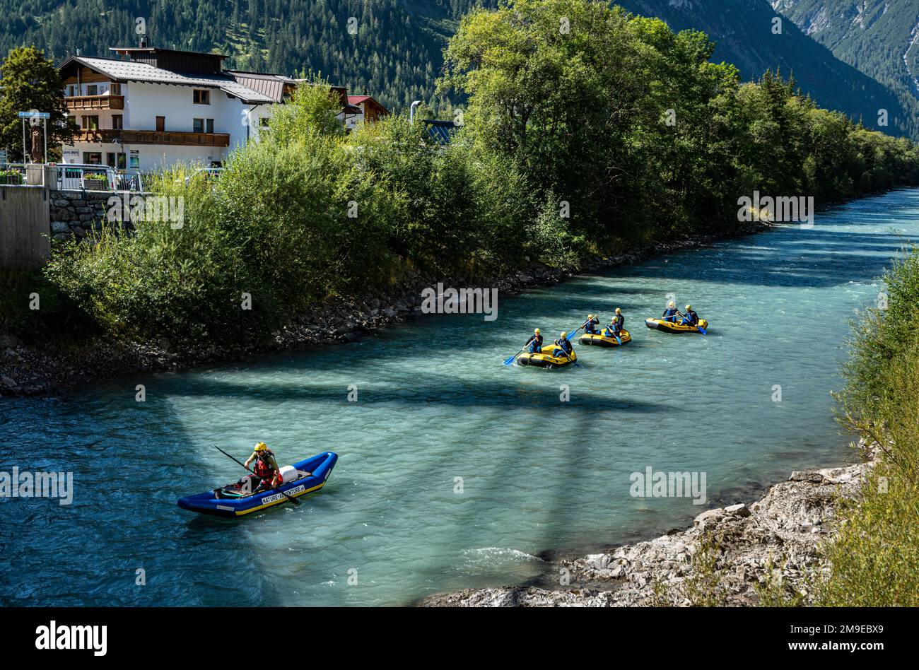 Water sportsmen rafting, Lech, Vorarlberg, Austria Stock Photo