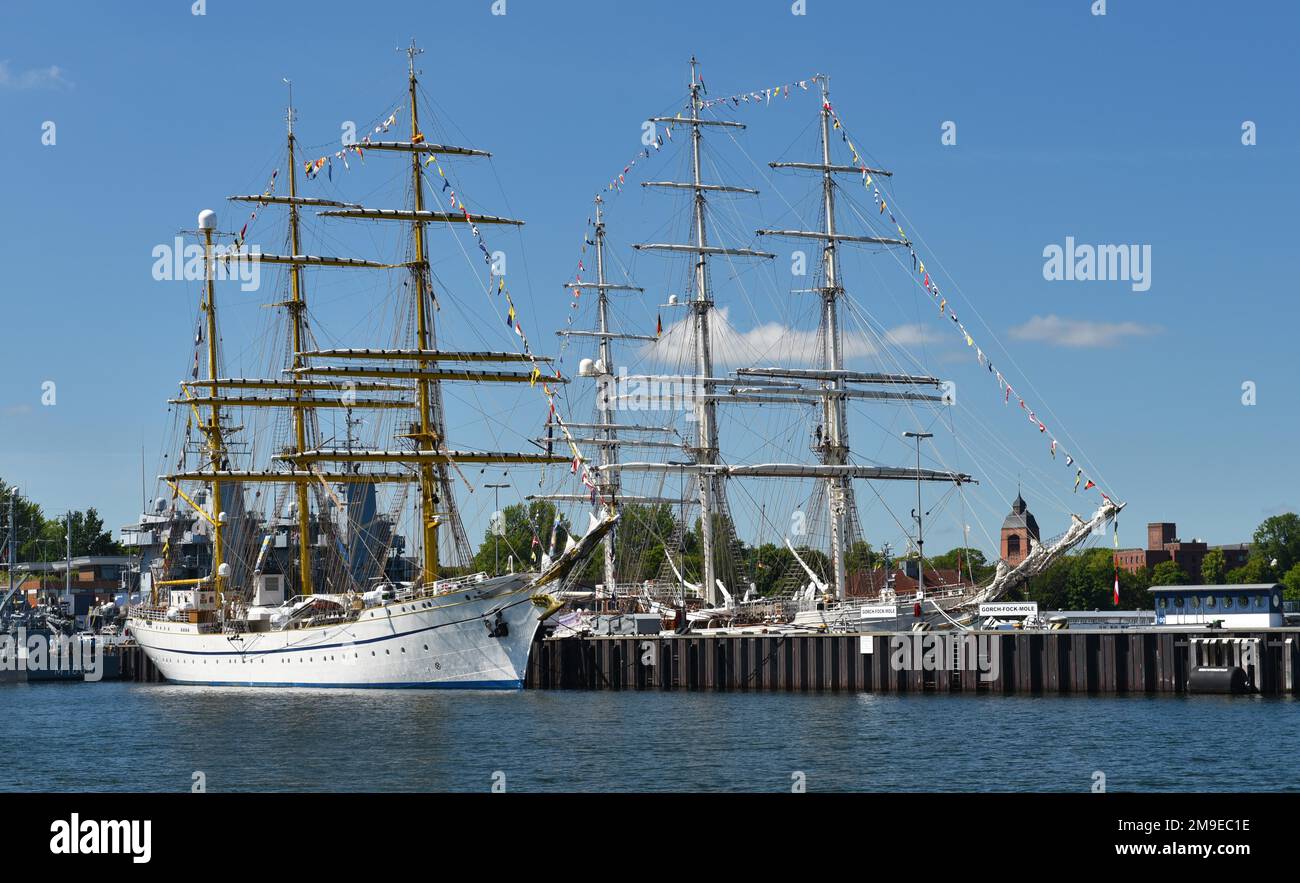 3Master sailing ship GorchFock at the pier, Kiel, SchleswigHolstein