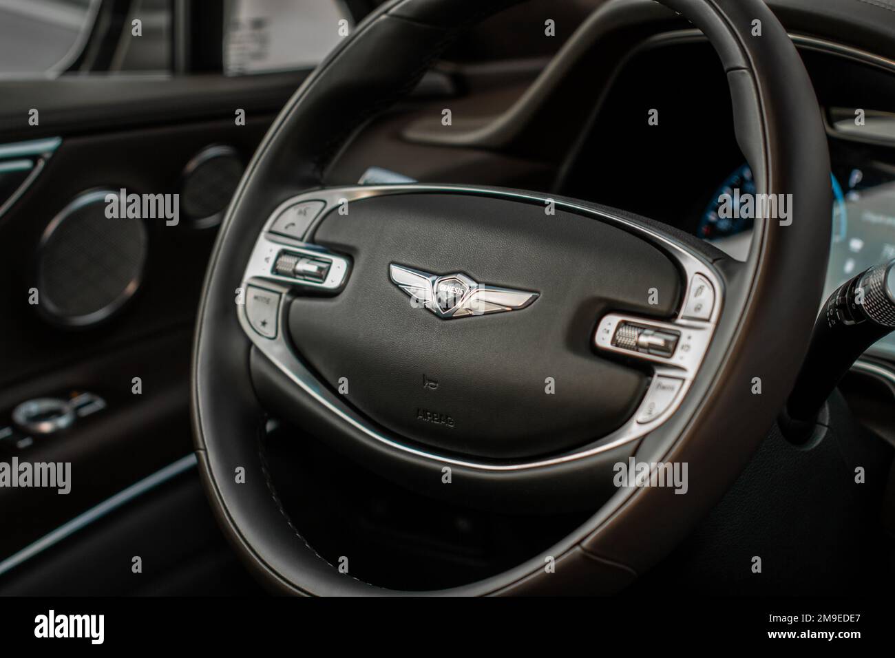 MOSCOW, RUSSIA FEBRUARY 05, 2022 Genesis GV80 (JX1) steering wheel close up view. Genesis