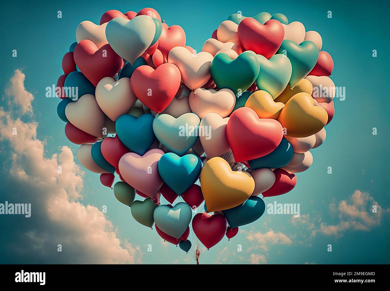 Valentines day bunch of heart shaped balloons floating in the sky.  Generative ai Stock Photo - Alamy