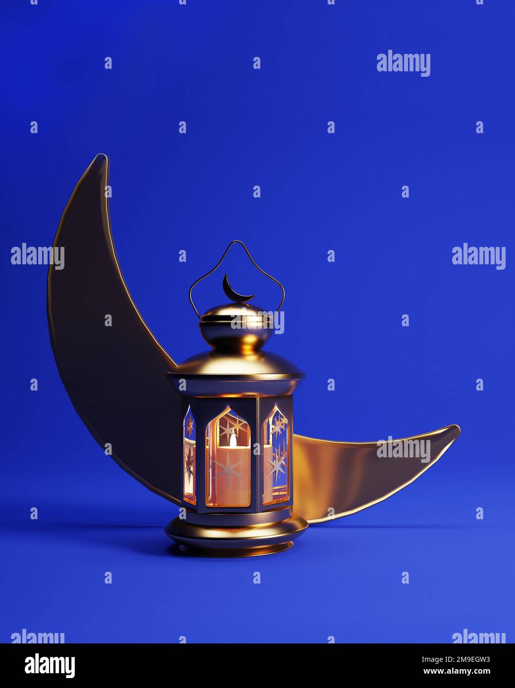 3d Ramadan background with golden lantern, and crescent moon and copy ...