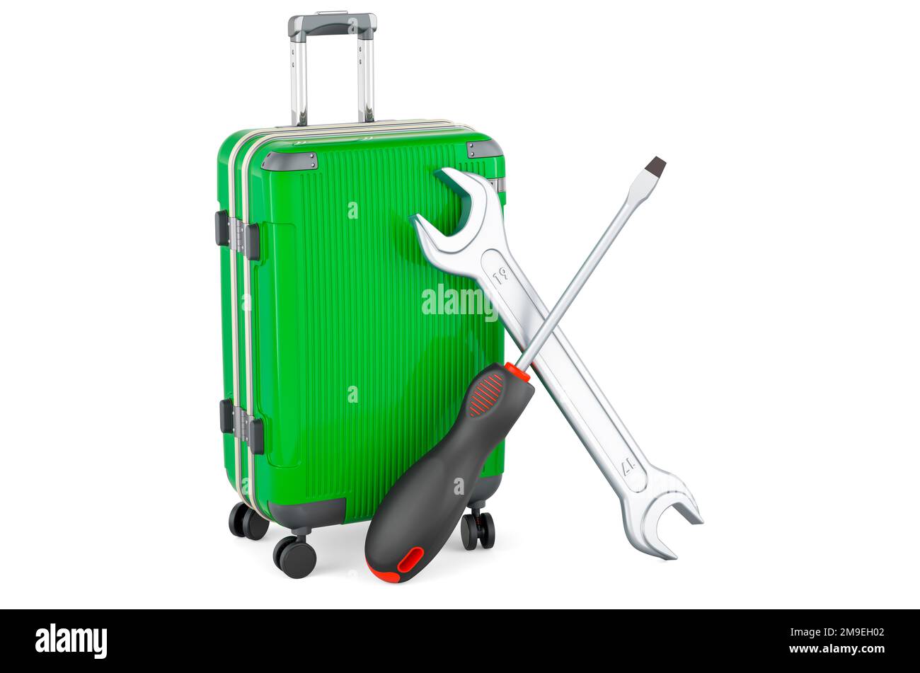 Luggage with screwdriver and wrench, 3D rendering isolated on white