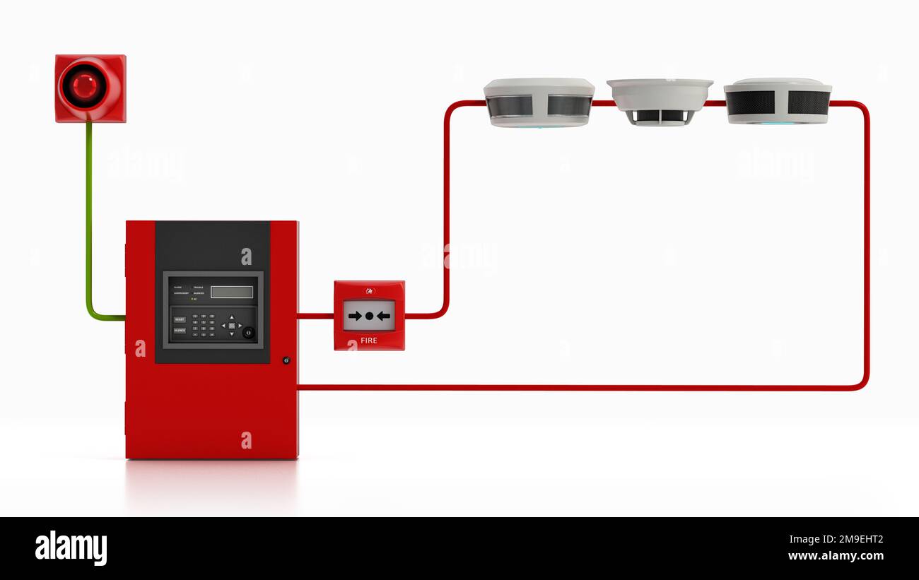 Fire detection alarm system diagram. 3D illustration. Stock Photo