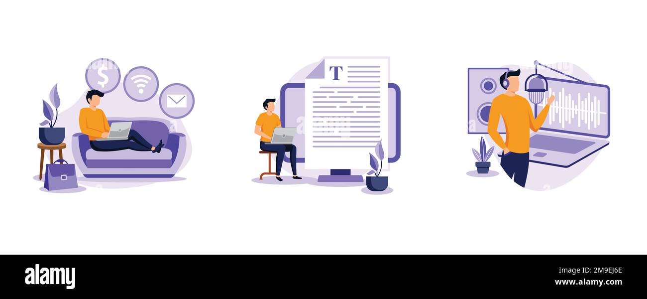Independent entrepreneur. Become a freelancer, copywriting service, voice over recording studio, writing article, narration. set flat vector modern il Stock Vector