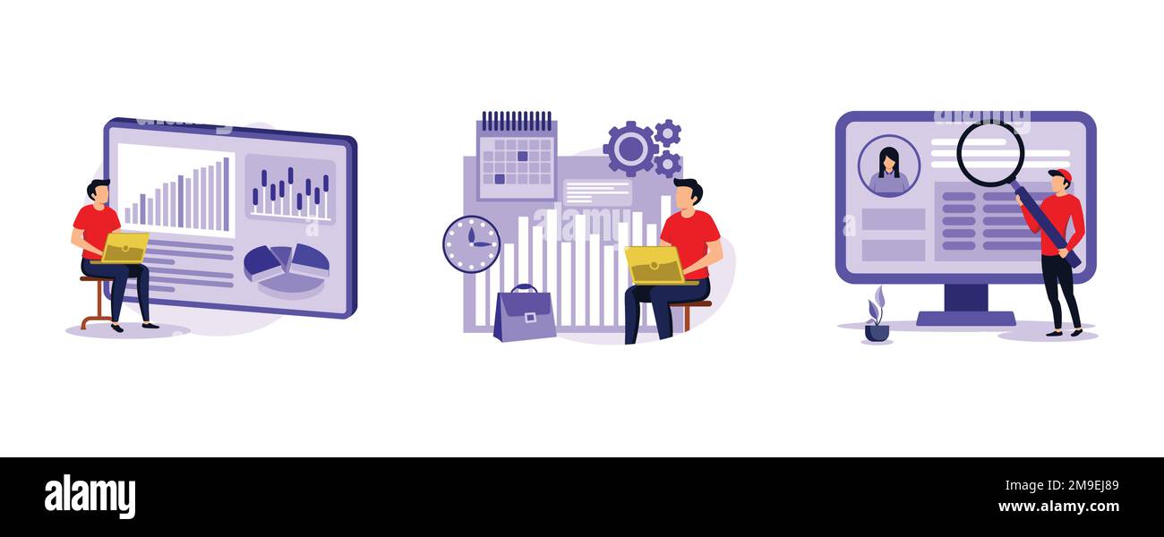 Business management. Innovation management software, time and attendance tracking system, HR software, working time tracker. set flat vector modern il Stock Vector