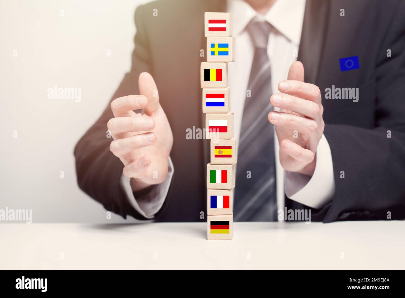 Business globalization concept, wooden cubes with countries flags Stock Photo