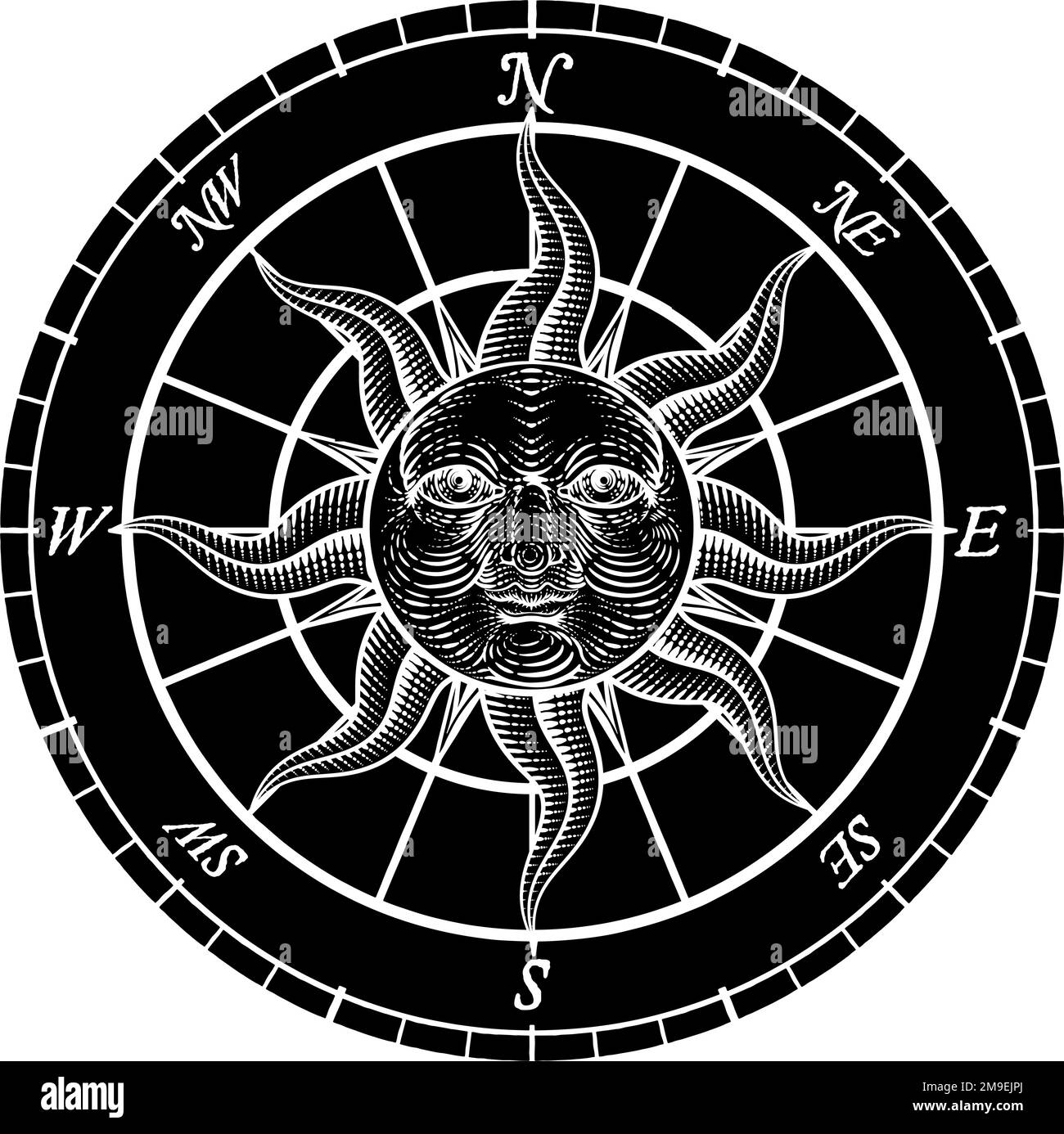 Compass Sun Face Etching Rose Woodcut Drawing Stock Vector