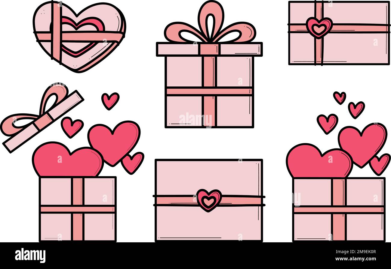 Hand drawn icons gifts with hearts in doodle style. Cartoon present box set with bows. Gift package with love for Valentines day, birthday, wedding, anniversary. Stock Vector