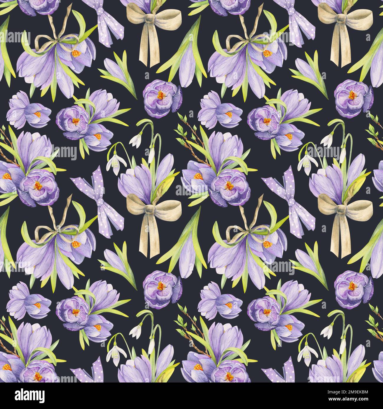 Watercolor hand drawn seamless pattern with spring flowers, crocus ...