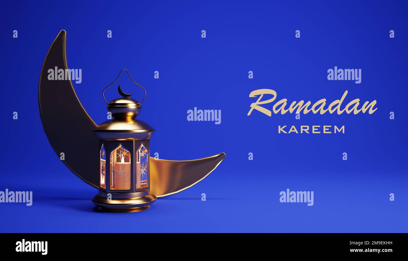 3d Ramadan Kareem background with golden lantern, and crescent moon ...