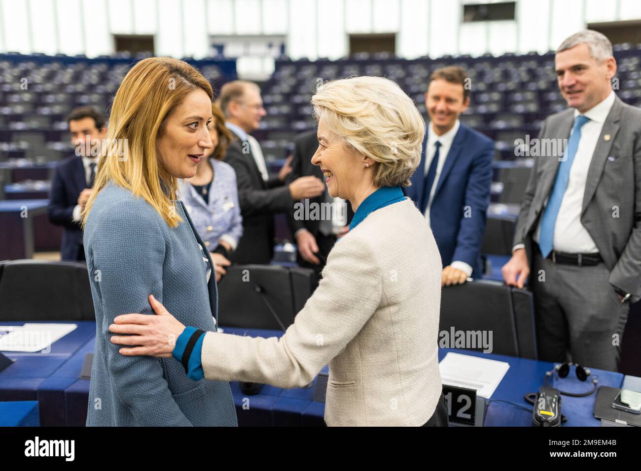 Strasbourg, France. 18 January 2023, France, Straßburg: Roberta Metsola (l, Partit Nazzjonalista), President of the European Parliament, welcomes Ursula von der Leyen (CDU), President of the European Commission. On the agenda of the four-day plenary week for Wednesday is, among other things, the election for a successor to ex-Parliament Vice President Eva Kaili, who is involved in the corruption scandal. Credit: dpa picture alliance/Alamy Live News Stock Photo