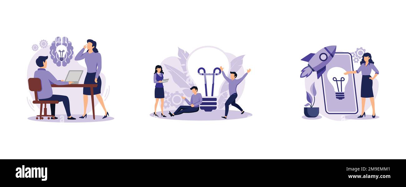 Creative thinking. Team brainstorming, idea management, project management, startup collaboration, find solution. set flat vector modern illustration Stock Vector