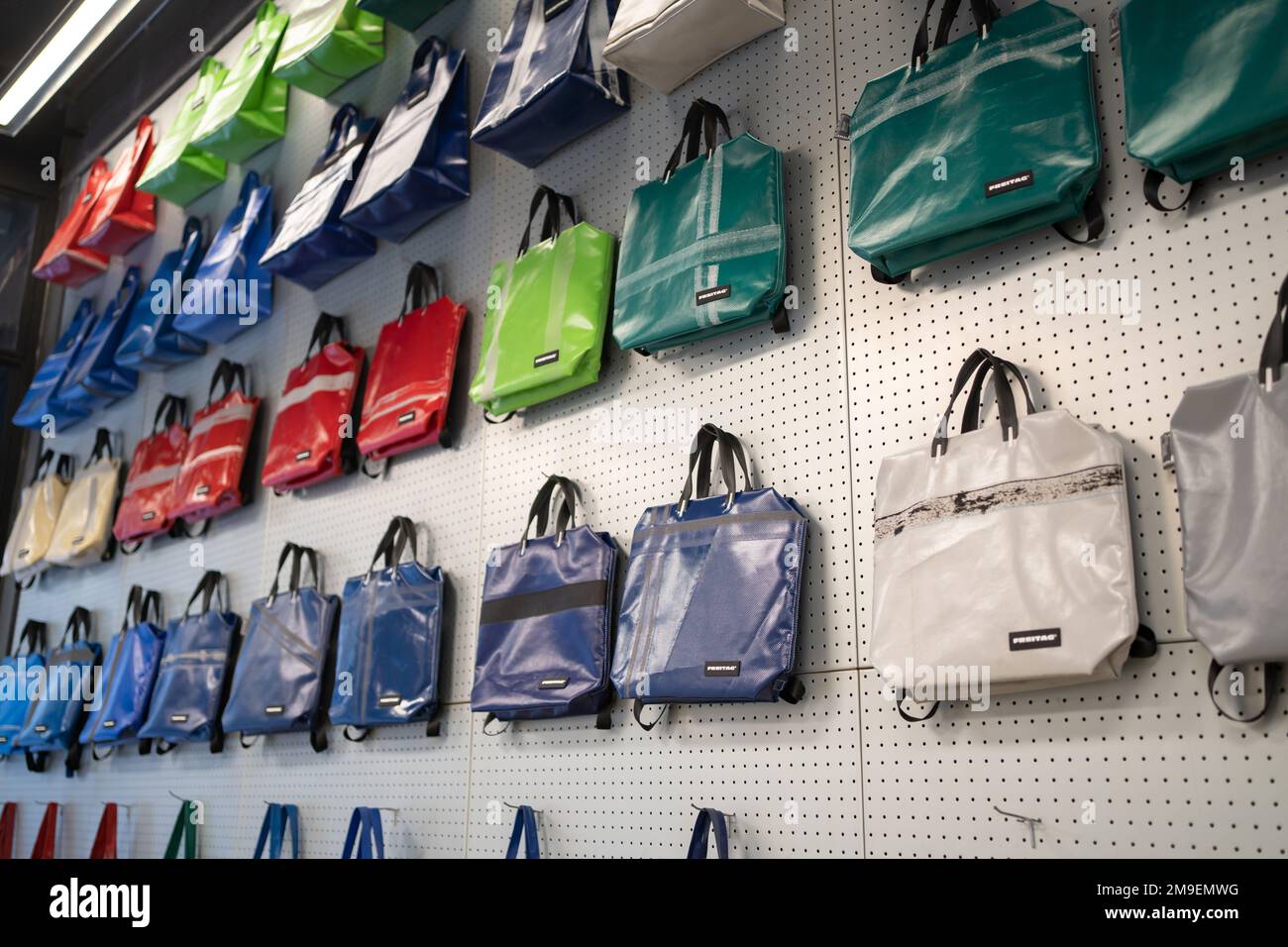 Bangkok, Thailand - December 23, 2022: Freitag bags are made from used truck tarps. Stock Photo