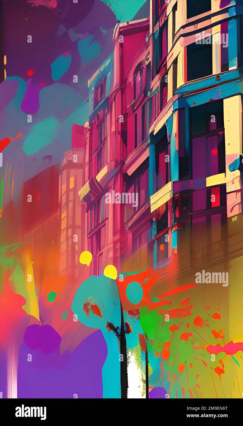 Colorful City Art, Fine Art Painting, Illustration Drawing. Suitable