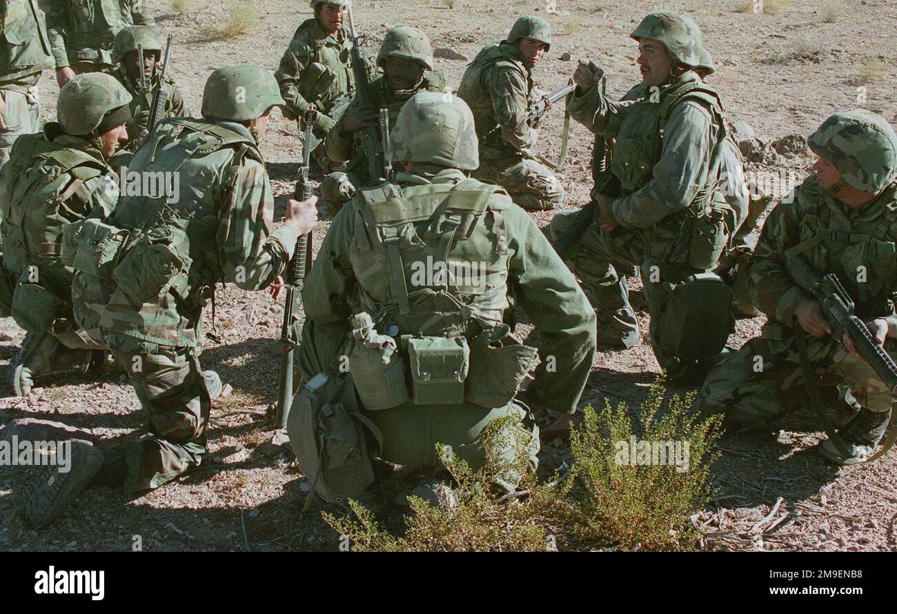 Marines from 11th Marines, Kilo Battery, receive a short briefing before they begin an assault on the enemy (not shown) during the live fire exercise Desert Knight held at MCAGCC Twentynine Palms California in December of 1999. Subject Operation/Series: DESERT KNIGHT 99 Base: Mcagcc, Twentynine Palms State: California (CA) Country: United States Of America (USA) Stock Photo