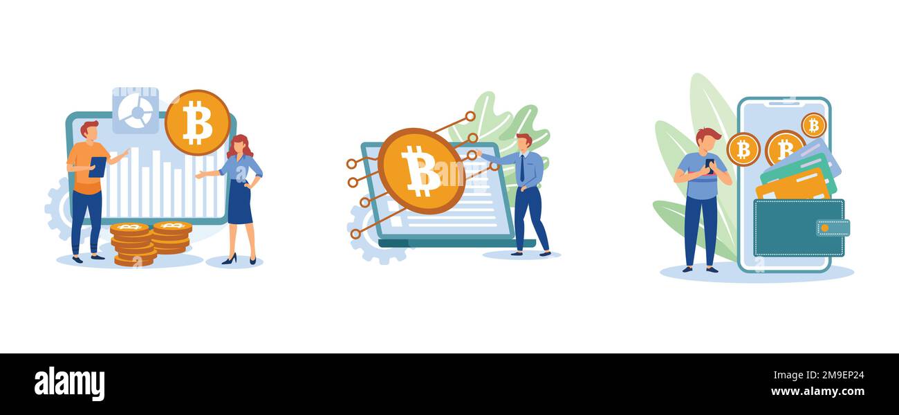 Digital money. Cryptocurrency market, digital currency, electronic wallet, e-money transfer, payment technology, banking tool. set flat vector modern Stock Vector