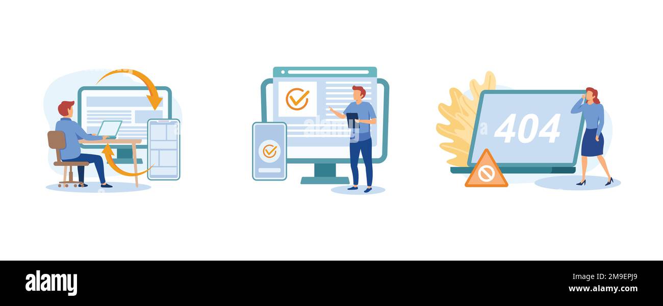 Web development. Microsite interface, cross-browser compatibility, 404 error, programming, company page, page not found. set flat vector modern illust Stock Vector