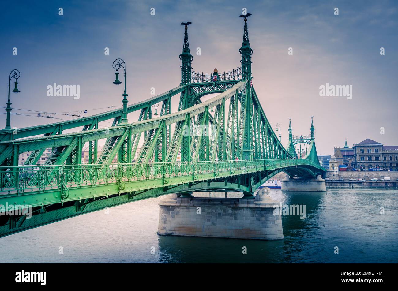 Budapest, Hungary. Szabadsag Bridge (Liberty) crossing the Danube River, connecting Buda and Pest. Stock Photo