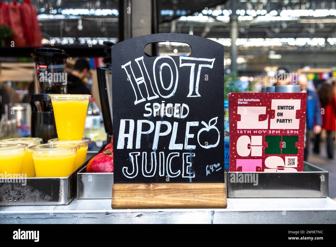 Fresh juice stall sign at Spitalfields Market, London, UK Stock Photo