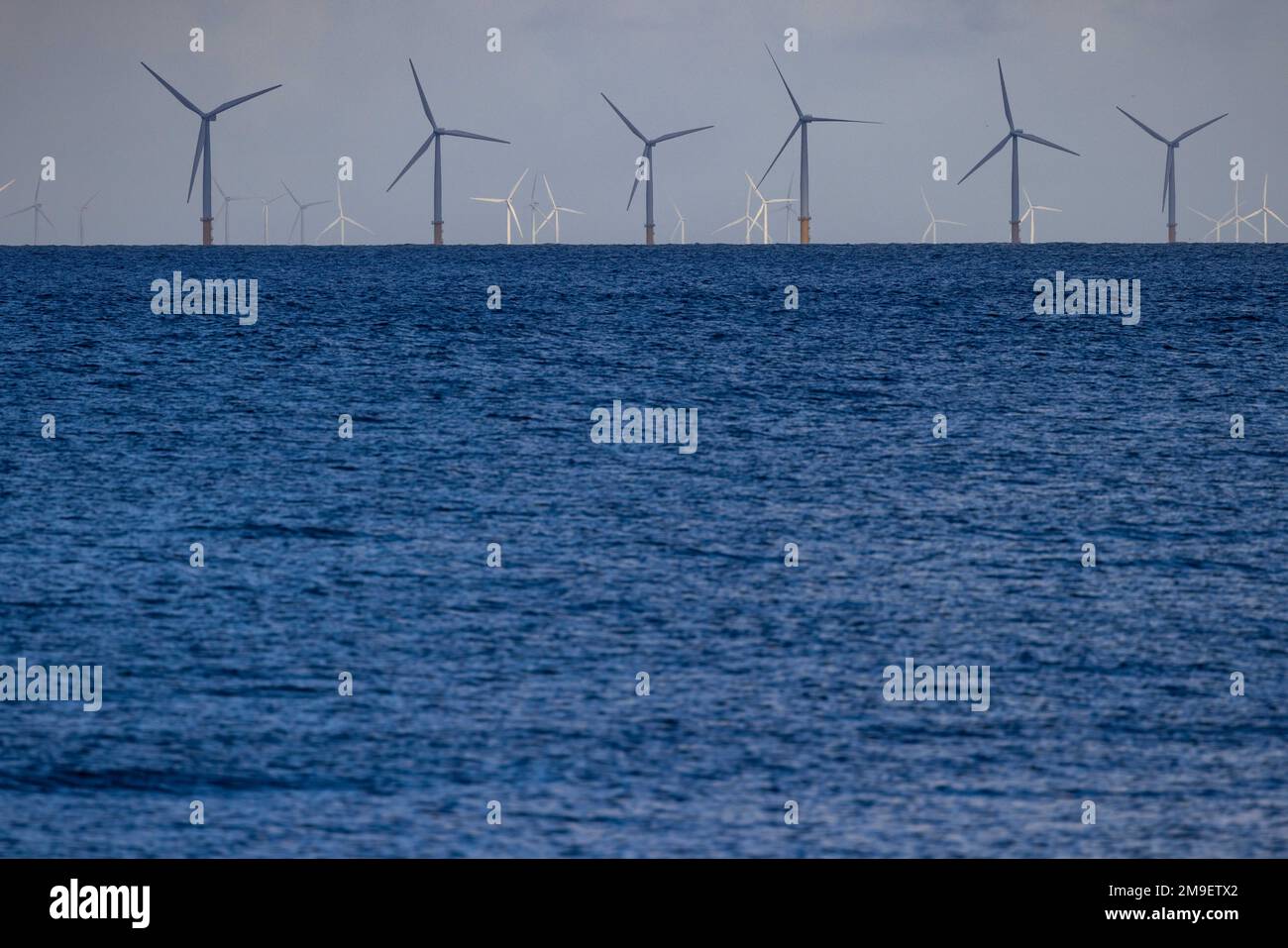 Llandudno, Wales. Gwynt y Môr (Welsh: meaning sea wind) is a 576-megawatt (MW) offshore wind farm located off the coast of Wales. Stock Photo