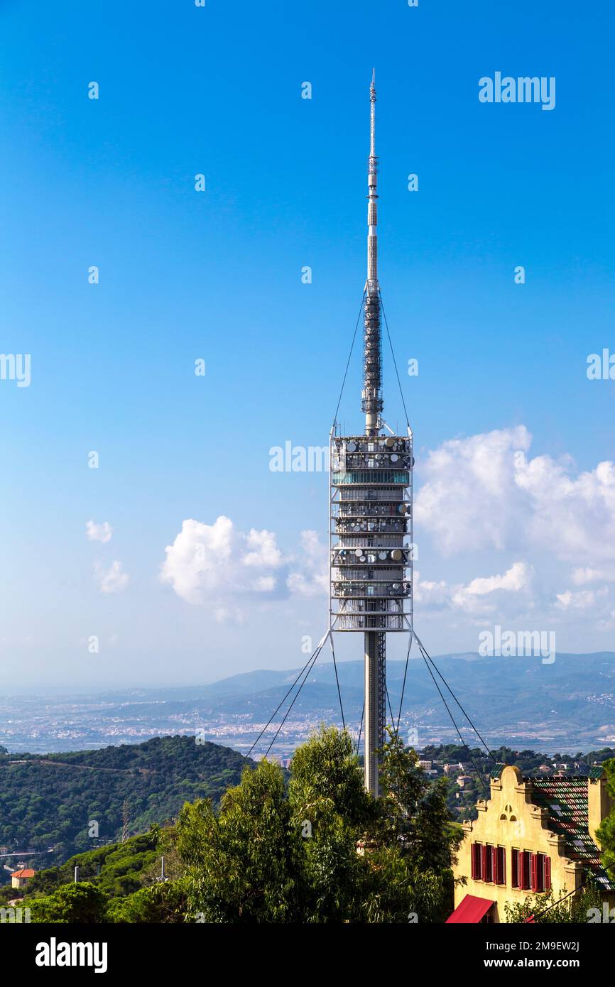 Torre de Collserola TV and radio tower, Tibidabo Hill, Barcelona, Catalonia, Spain Stock Photo