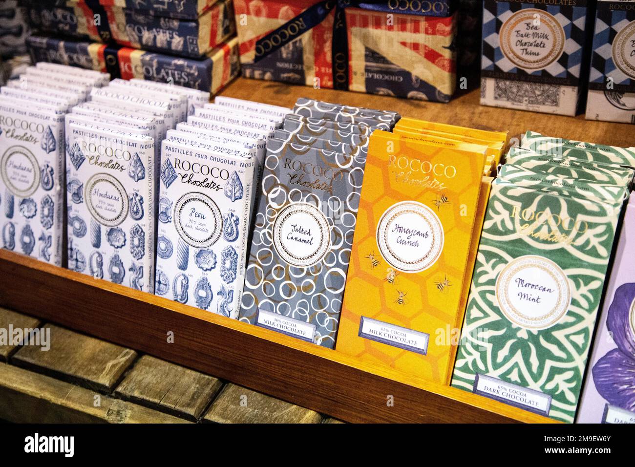 Display of Rococo Chocolates chocolate bars, Liberty London department store, London, UK Stock Photo