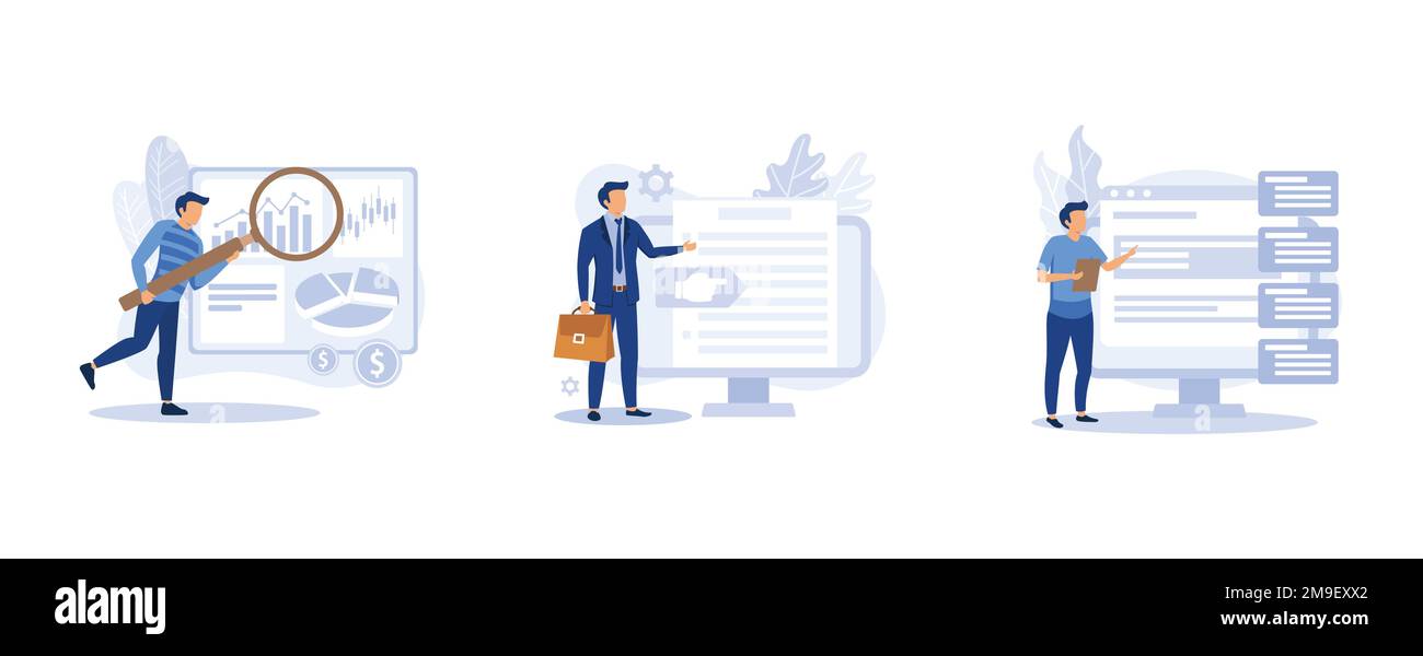 Company activity stats automation. Paperwork optimization. Business intelligence, vision and scope document, software requirement description metaphor Stock Vector