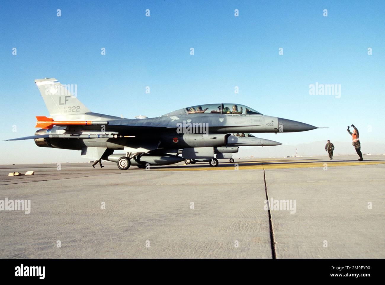 F16 Fighting Falcon aircrafts lined up at Luke Air Force Base, Arizona. During a twoweek