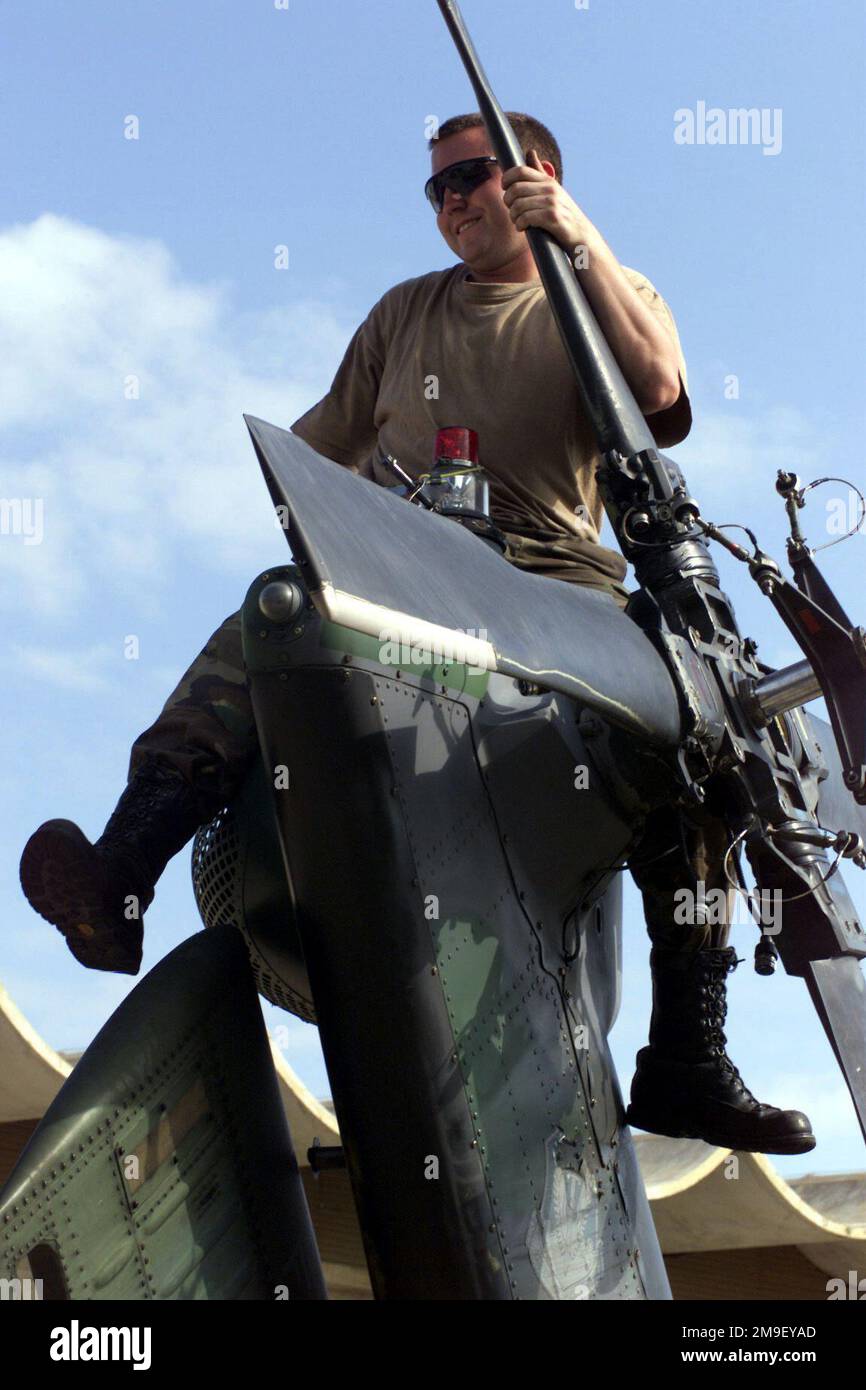 Medium shot. AIRMAN First Class Brewster Esses, a MH60 Pave Hawk Crew